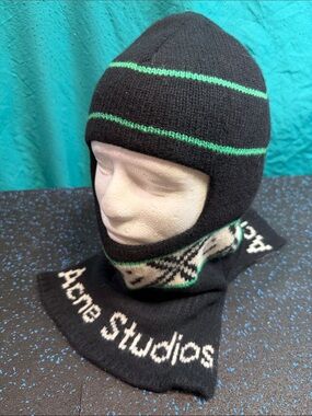 Acne black knit balaclava with green stripes